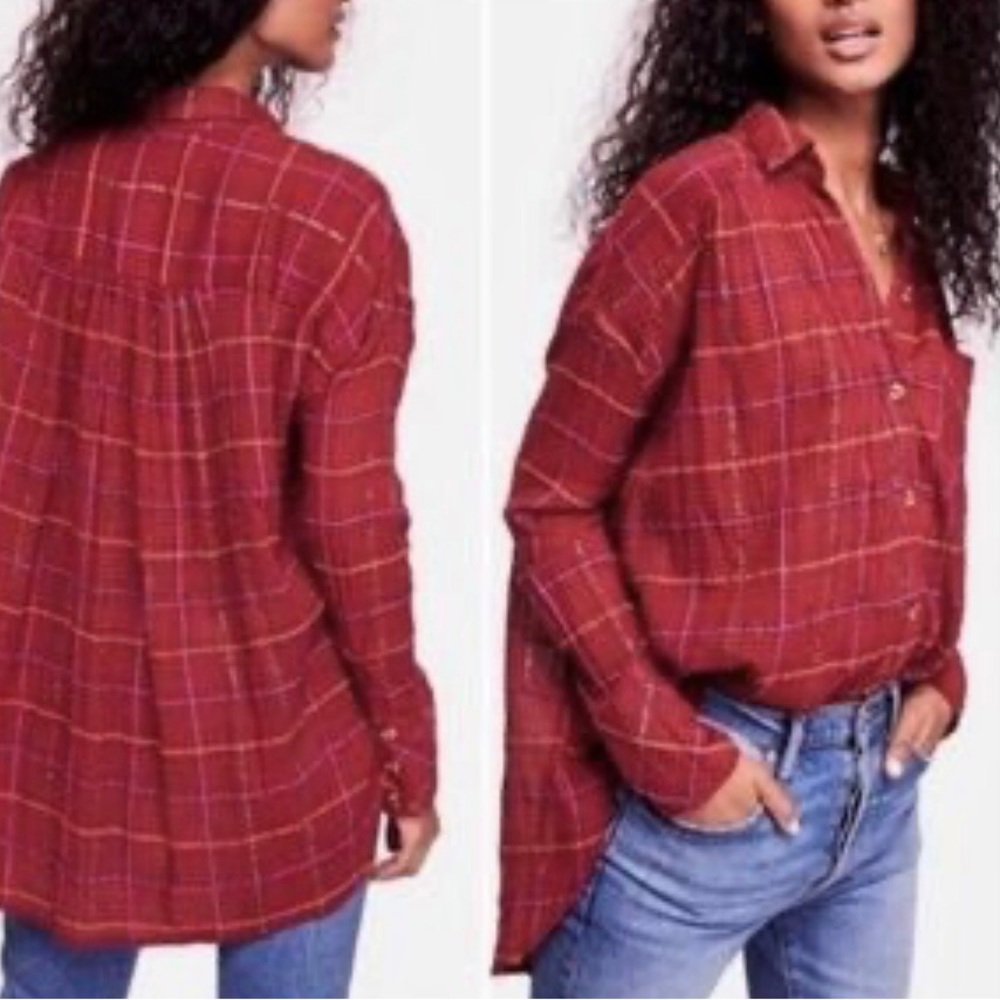 Free People Break your stride Sherry Combo plaid shirt XS New!